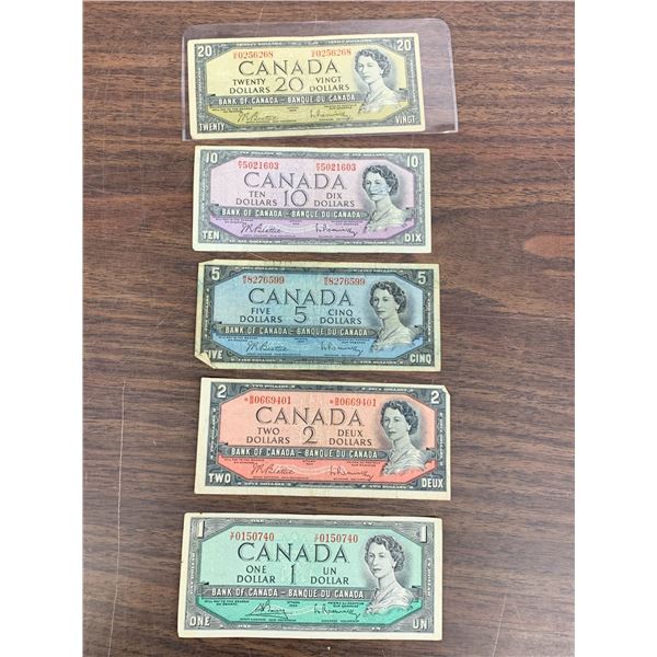 1954 Canadian Paper Money Set $1, $2, $5, $10 and $20