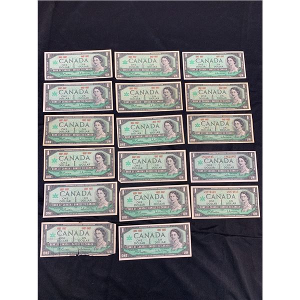 Lot of 17 1967 $1 Canadian Paper Bills One Dollar