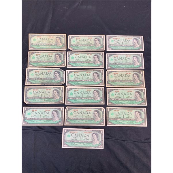 Lot of 16 1967 $1 Canadian Paper Bills One Dollar