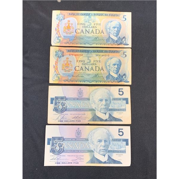 Lot of 4 $5 1986 and 1972 Canadian Paper Bills