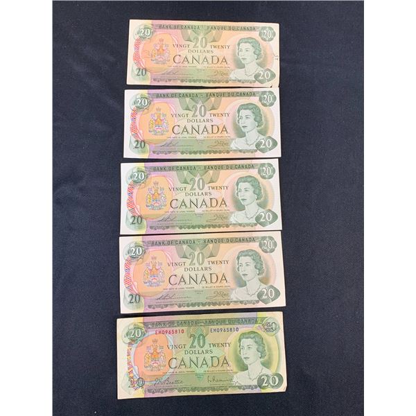 Lot of 5 $20 1969 and 1979 Canadian Paper Bills