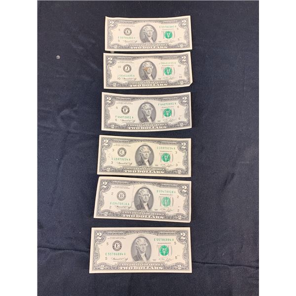 Lot of 6 1976 $2 USA Two Dollar Bills