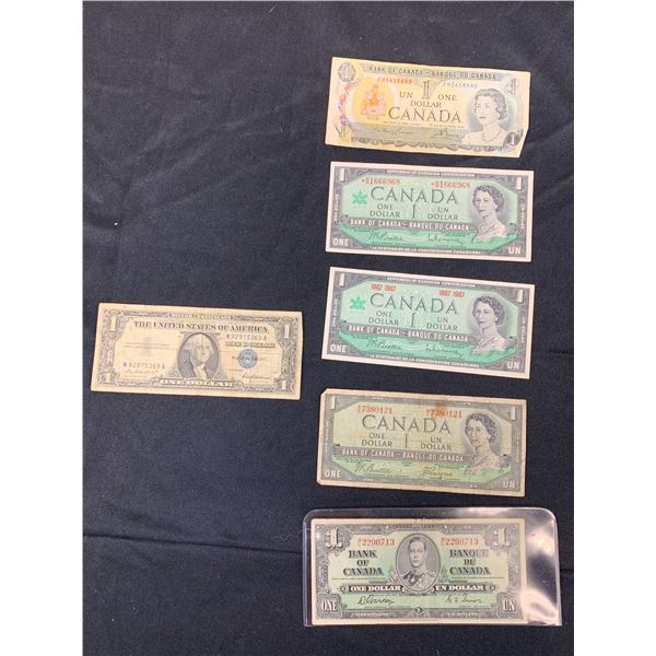 Lot of 6 $1 Canadian Dollar Bills 1937-1973