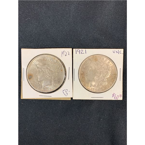 Lot of 2 1921 and 1922 American Silver Dollar Coins $1