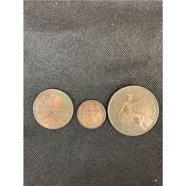Lot of 3 1861 5 Centesimi, 1898 50 Centimes, 1902 Penny World Coins