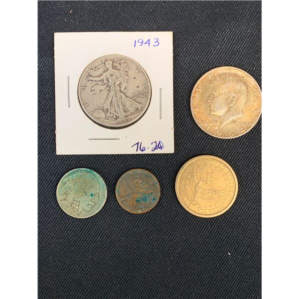 Lot of USA Coins 1943 50c, 1964 50c, 1913 Nickel, Penny, etc