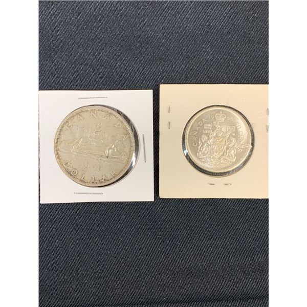 Lot of 2 1960 Dollar and 1965 50c Canada Silver Coins