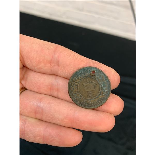 1861 Nova Scotia 1 Cent Coin (has drill hole)