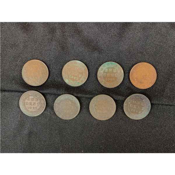 Lot of 8 Antique Canada 1 Cent Coins (1897, 1899, 1900, 1900, 1903, 1908, 1910, 1912)