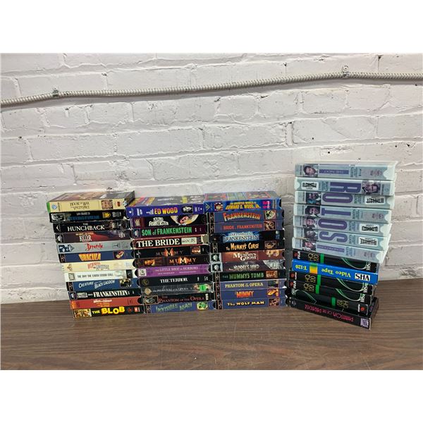 Lot of 34+ Classic Horror VHS Movies / Tapes Frankenstein, Dracula, The Blob, Mummy, Wolf Man, etc