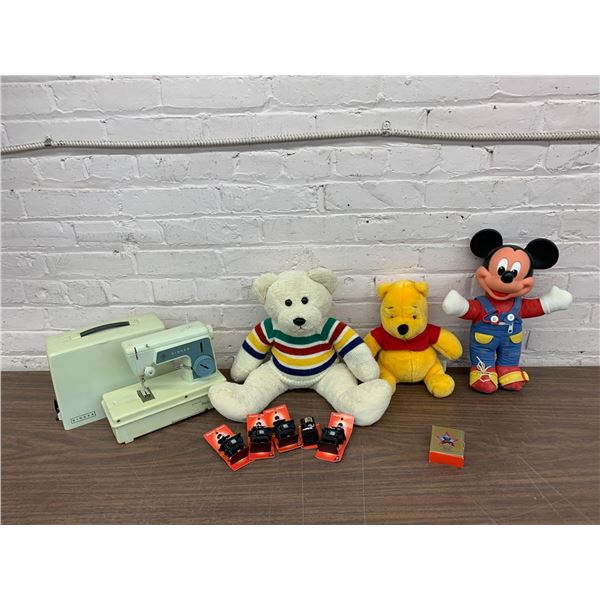 Lot of Assorted Plush Toys, Hudson Bay Bear, Singer Kids Machine, Mickey Mouse, etc