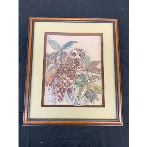 Framed Owl Papercraft Artwork, Artist Signed 13" x 15"
