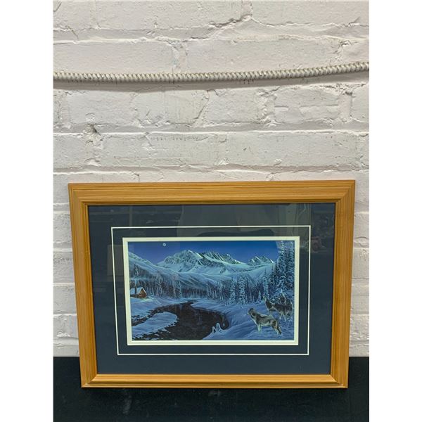 Framed Wall Art Wolves Overlooking Snow, Mountain Scene, Full Moon 19" x 15" by A. Kiss