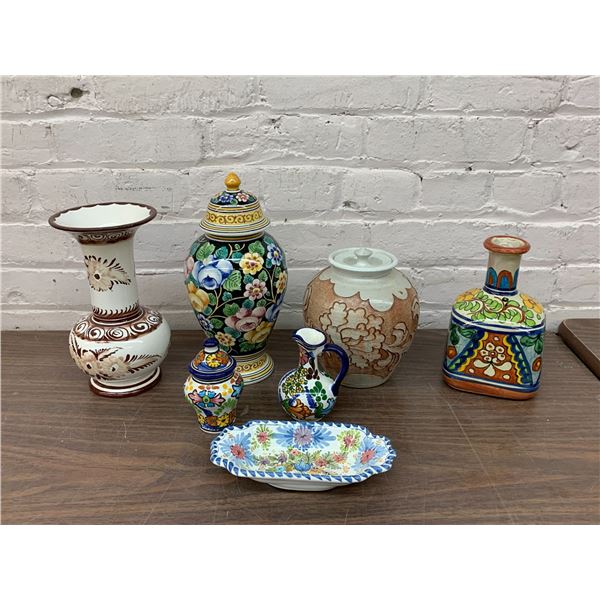 Lot of 7pcs of Vintage Portuguese Pottery Vases, Pitchers, Urn / Ginger Jar