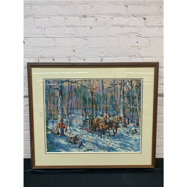 Large Framed Cross-Stitch Painting of Horse Drawn Carriage Winter Scene 38" x 32"