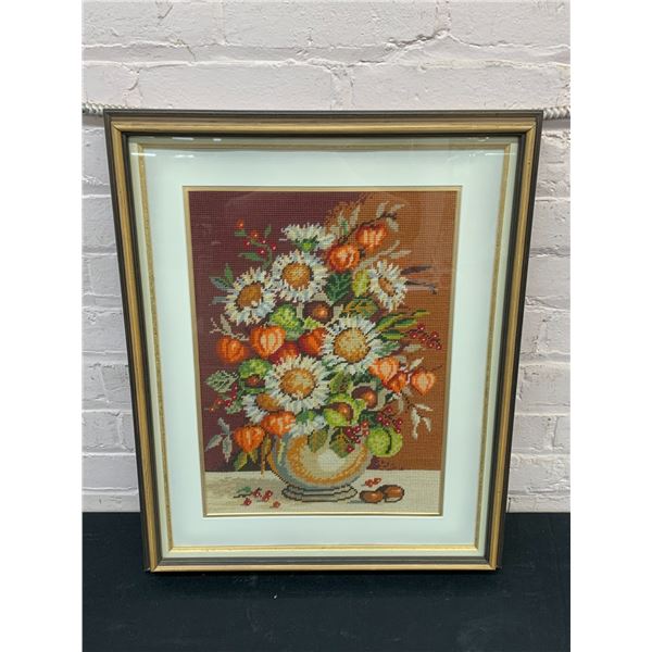 Framed Cross-Stitch Needlepoint Vase of Flowers, Autumn Colours 18" x 22"