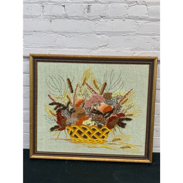 Framed Cross-Stitch Needlework Autumn Basket of Plants & Flowers 27" x 23"