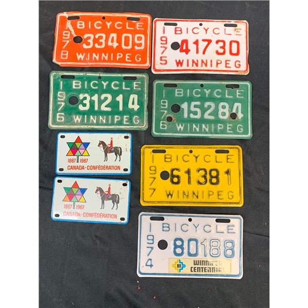 Lot of 6 Vintage Winnipeg Bicycle License Plates 1974-1978 and 2 Canadian Confederation Plates