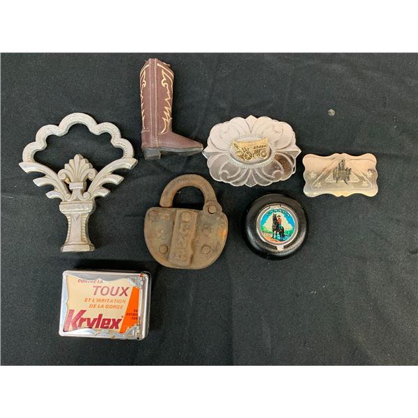 Lot of Misc Vintage Items, Padlock, Belt Buckdles, Antique Finial, etc