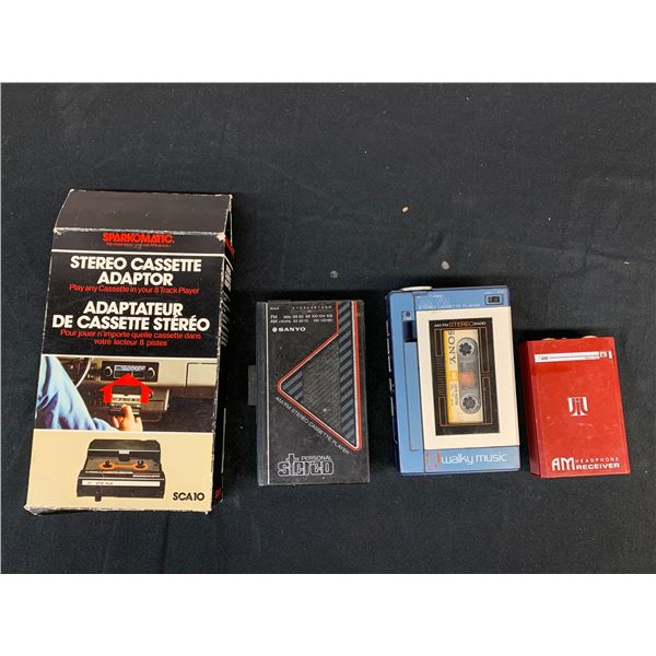 Lot of 4 Vintage Cassette Tape Players, Walky Music, Headphone Receiver, Stereo Cassette Adaptor