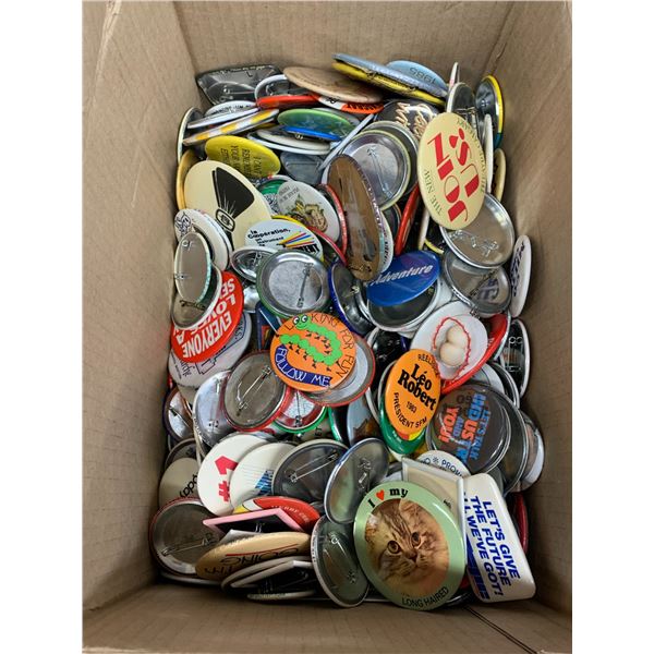 Box of Vintage Buttons Pinbacks Advertising, Novelty, etc