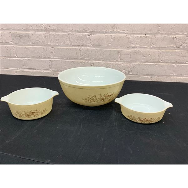 Lot of 3 Pyrex Small Casserole Dishes and Large Mixing Bowl, Speckled "Forest Fancies"