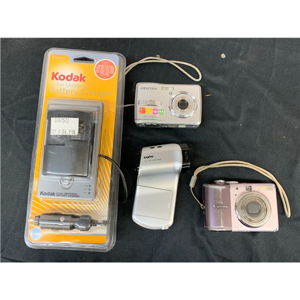 Lot of 4 Digital Cameras, Kodak Battery Charger, Canon Powershot, Pentax Optio E40, Sanyo Video
