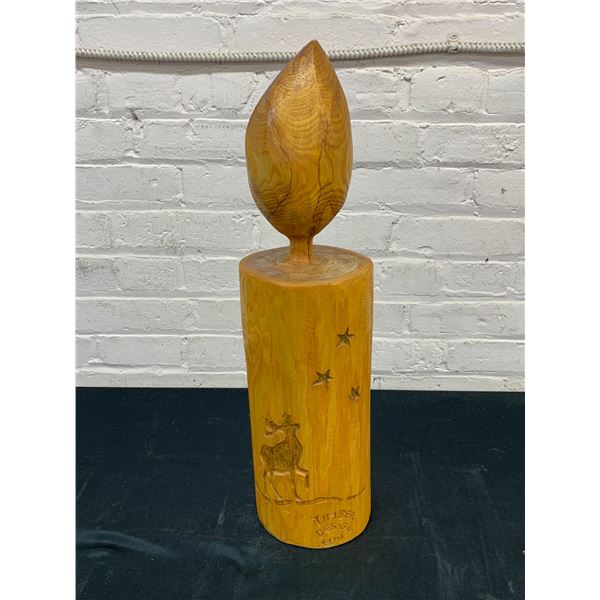 Wooden Carved Candlestick with Moose, Artist Signed 22"