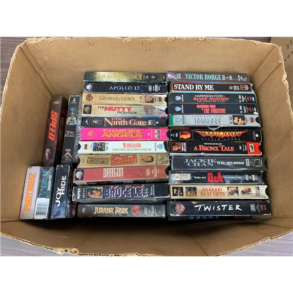 Box of Approx 50 VHS Tapes Movies Assorted Jurassic Park, Charlie's Angels, Bruce Lee, Twister, etc