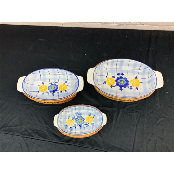 Set of 3 Oval Le Jardine Casserole Dishes with Server Baskets