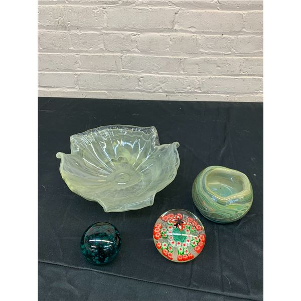 Lot of 4 Art Glass Blown Glass 2 Paperweights, 2 Bowls