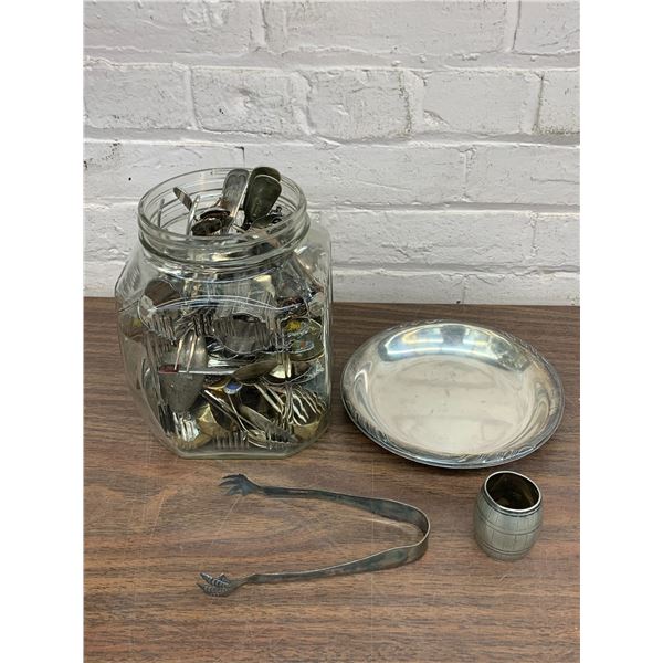 Jar Full of Silverware Collectible Spoons, Napkin Rings, Tongs, Tray, etc