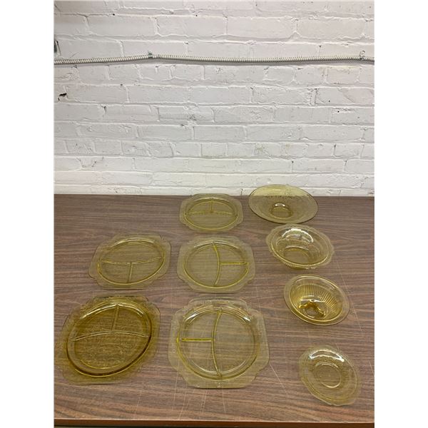 Lot of 9pcs of Vintage Federal / Depression Glass Serving Bowls, Divided Platters, etc