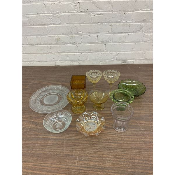 11pcs of Assorted Federal / Depression Glass Pieces Various Colours, Plates, Bowls, Cups