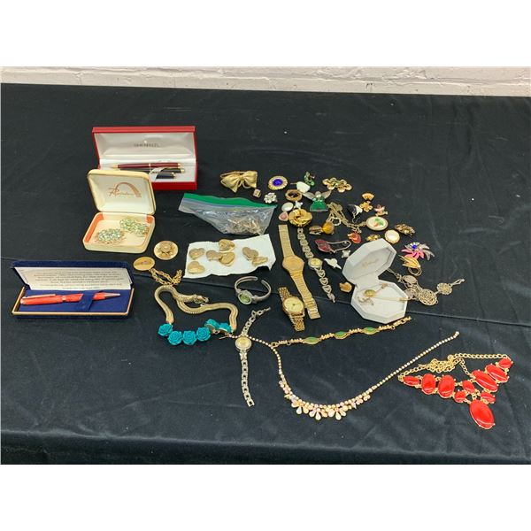 Lot of 3lbs Vintage Costume Jewellery Necklaces, Watches, Brooches, Earrings etc