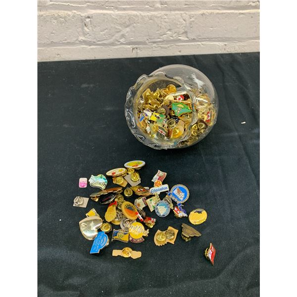 Jar of Assorted Manitoba / Travel Tourism Pins in Glass Jar