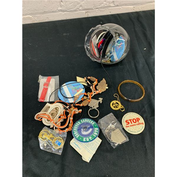 Jar of Assorted Novelty Collectible Buttons, Keychains, Etc Junk Drawer Items