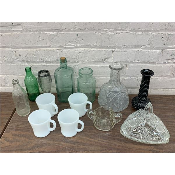 13pcs Assorted Glassware Bottles, Fire King White Mugs, Glassware Etc