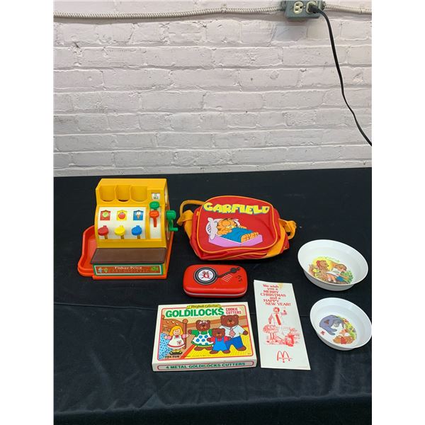 Lot of Vintage Kids Toys Cash Register, Garfield Backpack, Bowls, Cookie Cutters, etc