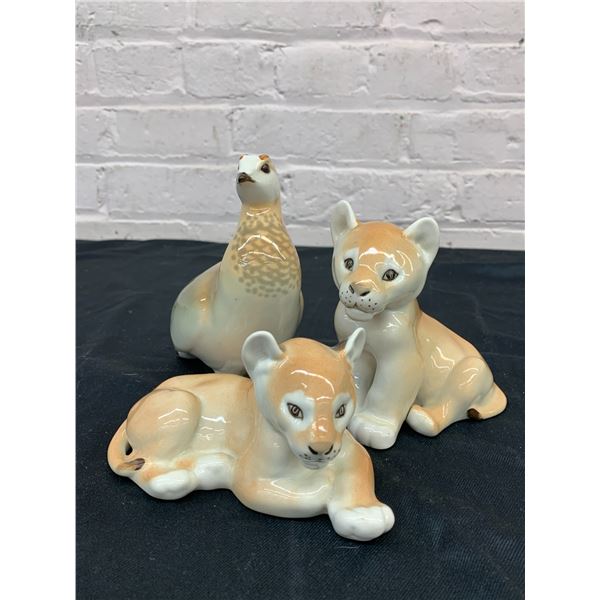 Lot of 3 USSR Porcelain Panther Cubs Figurines and Finch