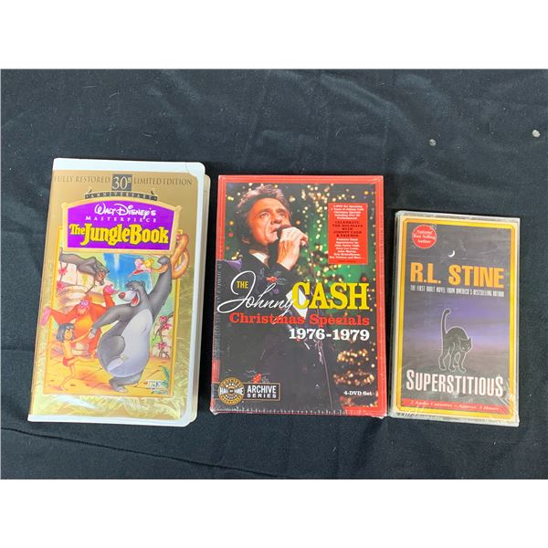 Lot of 3 RL Stine Superstitious Sealed Cassettes, Johnny Cash 4-DVD Set Sealed, Jungle Book VHS