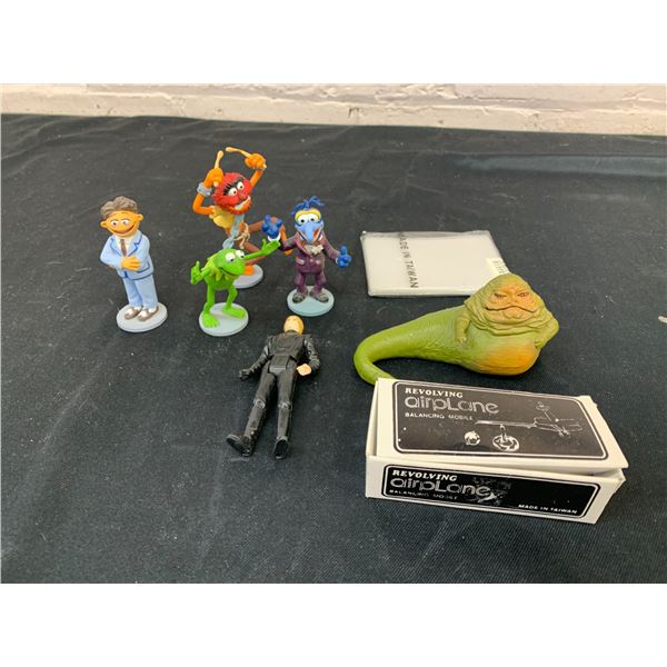 Lot of Misc Toys Star Wars, The Muppets. Card Sleeves and Small Revolving Airplane, Boxed