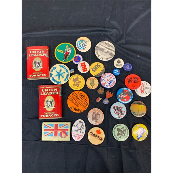 Lot of Vintage Buttons Pins and Tobacco Tins