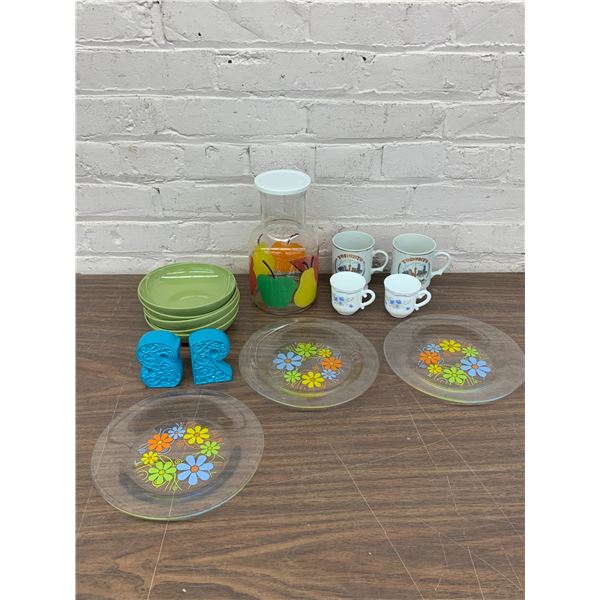 Lot of Vintage Kitchen Juice Canister, Plates, Plastic Bowls, China Cups