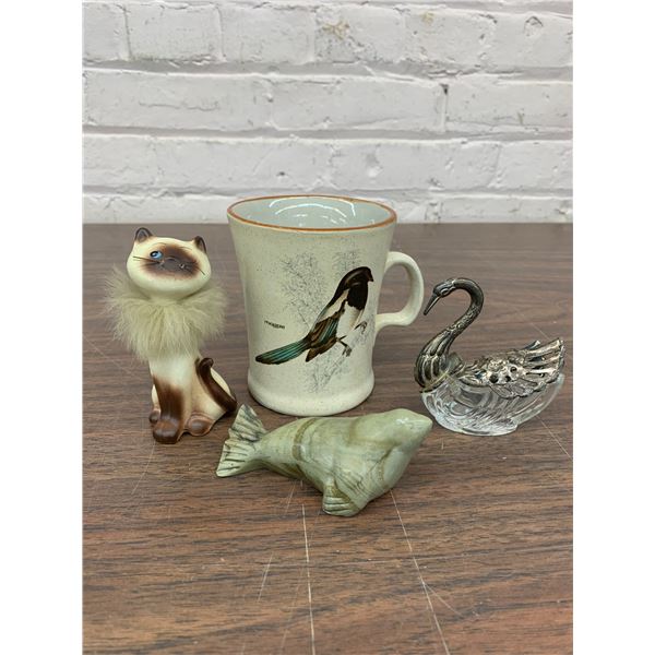 4pcs Pottery Mug, Cat Figurine, Stone Seal and Swan with Silvertone Accents *damaged