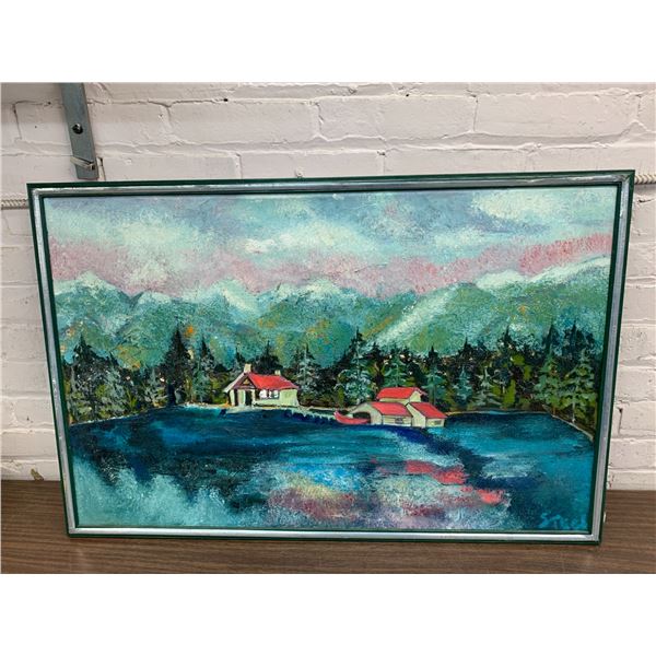 Framed Original Canvas Painting, Cottage Scene Artist Signed 35" x 23"