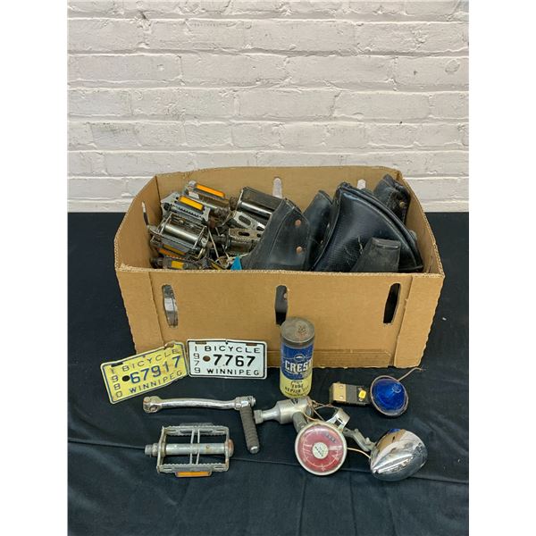 Box FULL of Vintage Bike Bicycle Parts Plates, Seats, Lights, Pedals, Etc