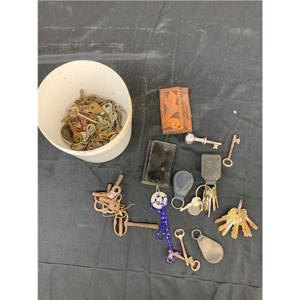Bin of Vintage Skeleton Keys, Clock Keys, Key Wallets, Etc