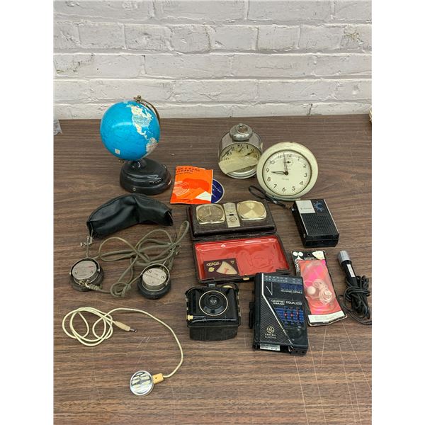 Lot of Vintage Clocks, Globe, Radios, Headphones, Microphone