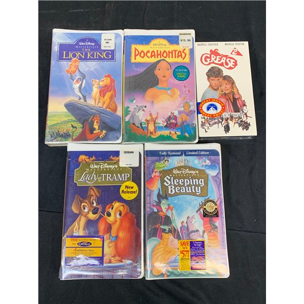 Lot of 5 SEALED VHS Tape Movies Clamshell, Pocahontas, Lion King, Sleeping Beaty, Grease, Lady Tramp